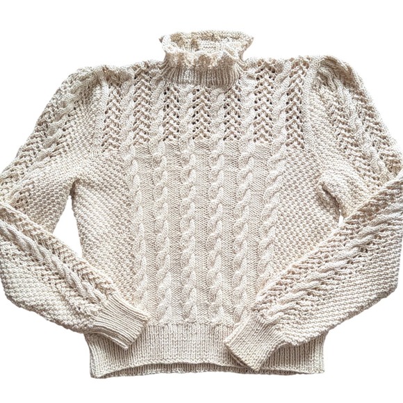 Handmade Sweaters - VTG Handmade Cream Cable Knit Ruffle Neck Sweater Pointelle Fisherman Regency S